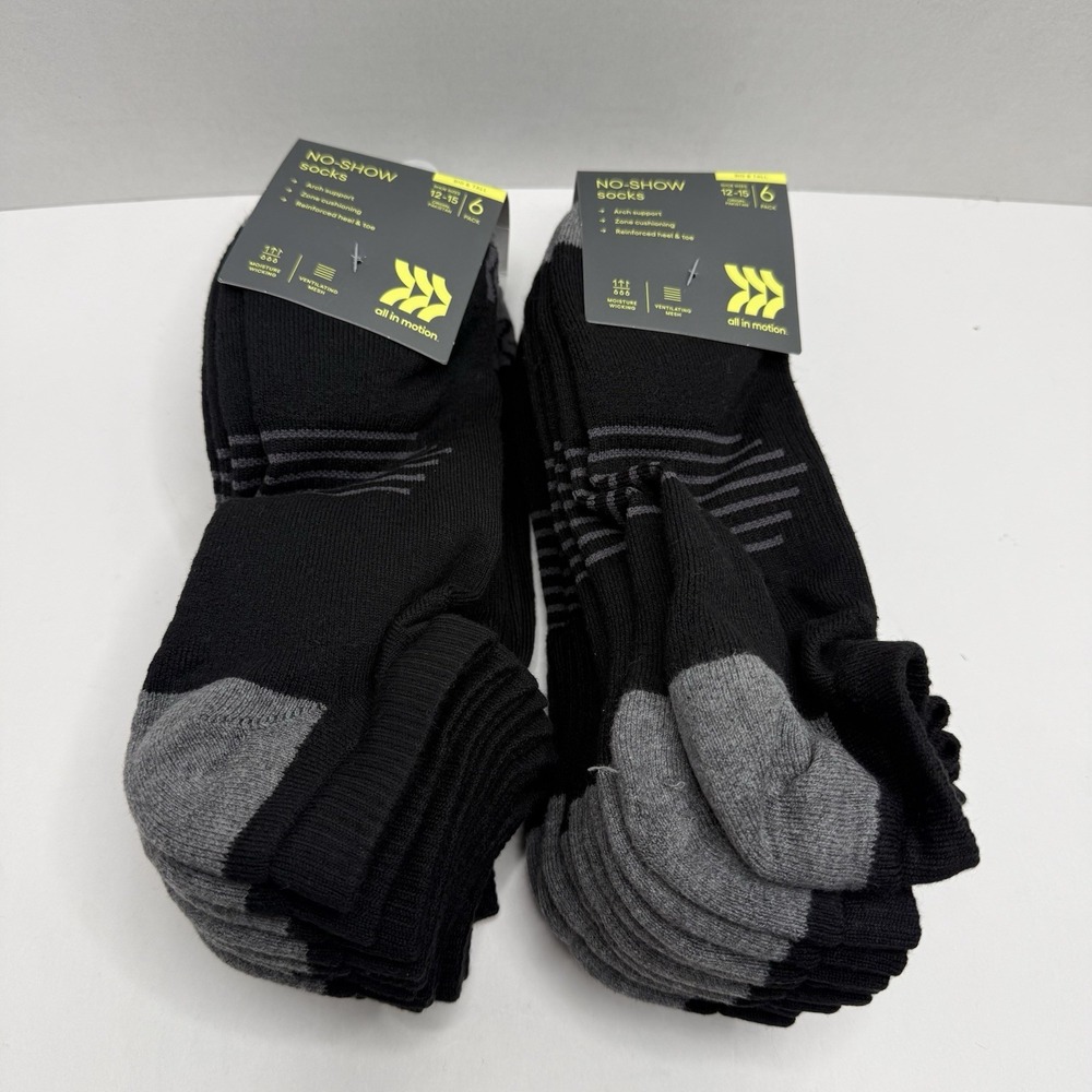 All in Motion No-Show Socks Big & Tall 12 Pairs Black Gray Size 12-15 New